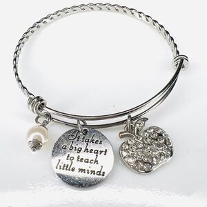 Adjustable Teacher Apple Rhinestone Charm Wire Bracelet Silver Tone 4172